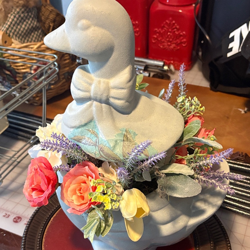 Decorative Duck Planter with Colorful Flowers